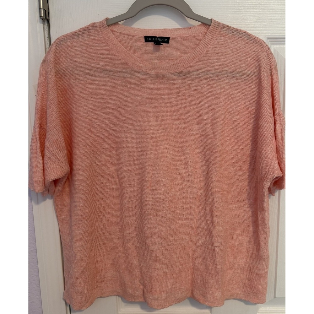 Eileen Fisher Short Sleeved Sweater 100% Organic Linen Peach Semi-sheer Boxy M